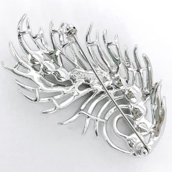 VTG Signed Sarah Coventry 60s Silver Tone Feather Brooch Green Faux Pearls - Picture 6 of 14